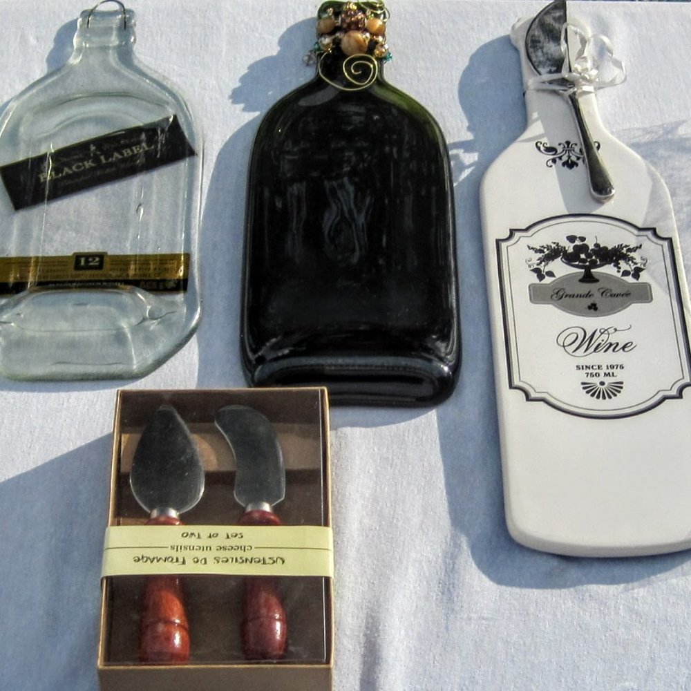 Bundle of three (3) wine bottle cheeseboards plus utensils
